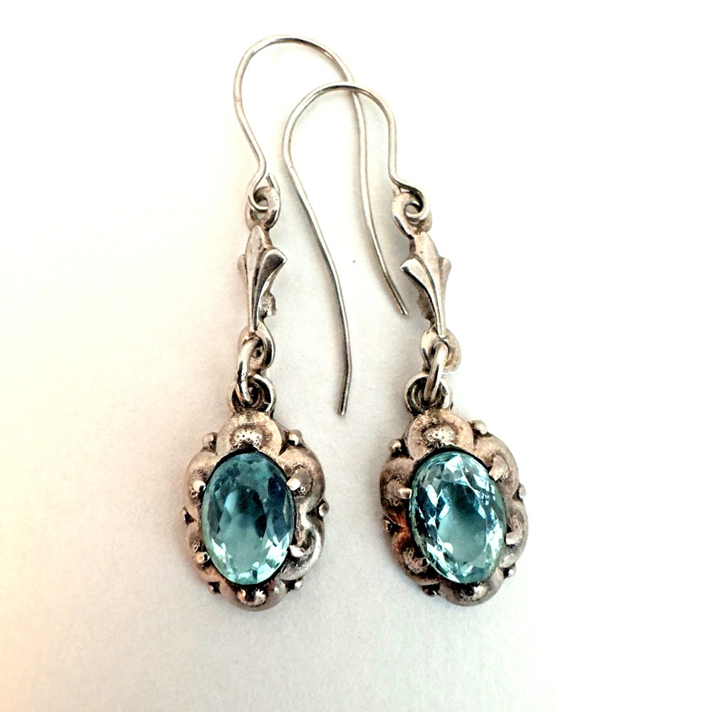 Earrings Faceted Faux Blue Topaz 835 Sterling Silver Dangle Oval Shape Free Ship
